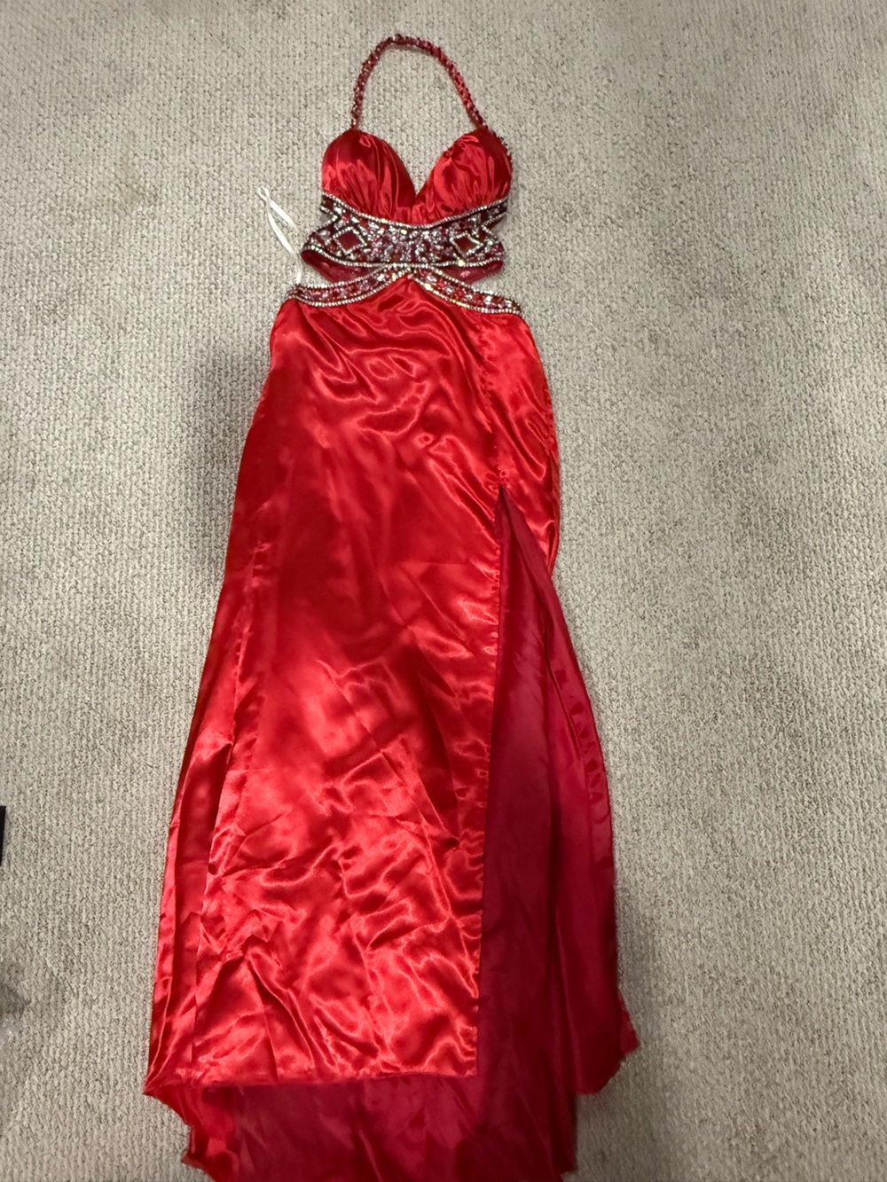 Red Satin Evening Gown with Embellished Waist